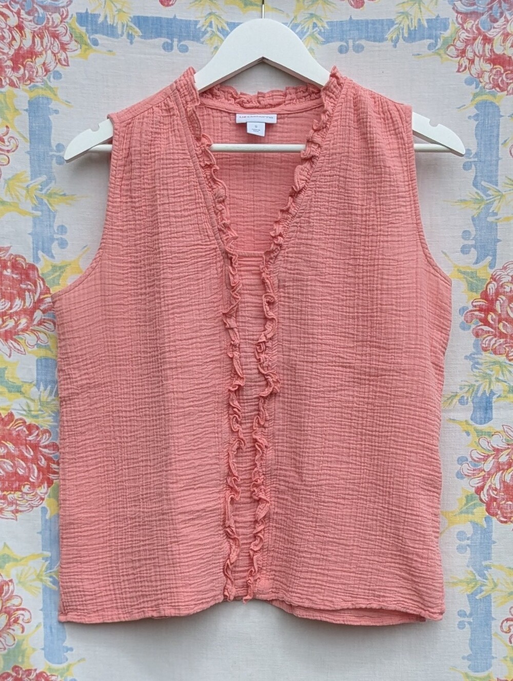 Liz Claiborne Pink Crinkle Gauzy V-neck Ruffle Top Small